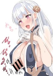 Rule 34 | 1boy, 1girl, azur lane, bad id, bad twitter id, blunt bangs, blush, braid, breast curtains, breasts, breasts squeezed together, china dress, chinese clothes, cleavage, cosplay, dido (azur lane), dress, flower, gloves, grey dress, hair flower, hair ornament, half gloves, hetero, highres, large breasts, long hair, open mouth, paizuri, penis, pink eyes, revealing clothes, see-through, side braid, silver hair, sirius (azur lane), sirius (azur lane) (cosplay), sirius (azure horizons) (azur lane), smile, upanishi mariko, white gloves