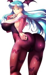 Rule 34 | 1girl, aqua eyes, aqua hair, ass, bare shoulders, blue eyes, blue hair, breasts, demon girl, detached sleeves, female focus, from behind, haganef, highres, huge breasts, leaning forward, leotard, long hair, looking at viewer, looking back, morrigan aensland, pantyhose, shiny clothes, shiny skin, simple background, smile, solo, standing, vampire (game), white background, wings