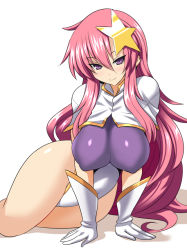 Rule 34 | &gt;:), 00s, 1girl, arm support, blush, breasts, capelet, closed mouth, covered navel, covered erect nipples, gloves, gundam, gundam seed, gundam seed destiny, hair ornament, highleg, highleg leotard, konno tohiro, large breasts, leotard, long hair, looking at viewer, meer campbell, pink hair, purple eyes, sidelocks, smile, solo, star (symbol), star hair ornament, thighs, v-shaped eyebrows, very long hair, white background, white gloves