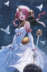 Rule 34 | 1girl, bird, blue eyes, breasts, cleavage, dove, dress, elbow gloves, fate/apocrypha, fate/grand order, fate (series), frankenstein&#039;s monster (fate), gloves, hair over eyes, hair over one eye, headgear, highres, horns, looking at viewer, pink hair, rain, see-through, see-through cleavage, short hair, single horn, sion (9117), small breasts, solo, veil, wedding dress, wet, white dress, white gloves