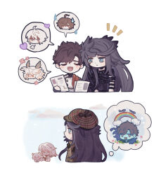 Rule 34 | 1girl, 4boys, ahoge, ant, belial (granblue fantasy), black hair, blue eyes, blue sky, brown hair, bug, cat, chibi, chibi inset, closed eyes, cloud, cloudy sky, commentary, detective, english commentary, feather hair, flower, flying sweatdrops, glasses, granblue fantasy, hair between eyes, heart, highres, holding, holding paper, insect, leather, long hair, lucilius (granblue fantasy), male focus, messy hair, michael (granblue fantasy), military uniform, multicolored hair, multiple boys, paper, parted bangs, rainbow, red eyes, sandalphon (granblue fantasy), sariel (granblue fantasy), schw3iss b, short hair, sky, speech bubble, spoken flower, spoken heart, uniform, white hair