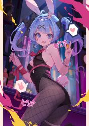 1girl ahoge animal_ears black_leotard blue_eyes blue_hair bow bowtie clothing_cutout detached_collar fishnet_pantyhose fishnets gesture hair_ornament hairband hatsune_miku heart heart_cutout highres leotard looking_at_viewer open_mouth pantyhose rabbit_ears rabbit_hole_(vocaloid) red_bow red_bowtie red_nails ricia39 smile spoken_heart thigh_strap twintails vocaloid white_hairband wrist_cuffs x_hair_ornament