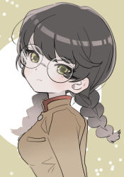 Rule 34 | 1girl, alternate hairstyle, black-framed eyewear, braid, brown hair, closed mouth, commentary, from side, frown, girls und panzer, glasses, green eyes, hair down, highres, hosomi shizuko, long hair, looking at viewer, round eyewear, solo, tama launcher, tearing up, twin braids, twintails, upper body