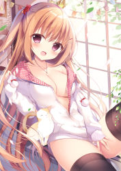 Rule 34 | 1girl, :d, black thighhighs, blurry, blurry background, blush, breasts, cat, collarbone, commentary request, day, depth of field, hair ornament, hairclip, highres, hood, hood down, hoodie, indoors, long hair, long sleeves, looking at viewer, medium breasts, naked hoodie, no bra, open clothes, open mouth, original, shirosei mochi, sleeves past wrists, smile, solo, thighhighs, white hoodie, window