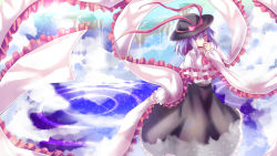 Rule 34 | 1girl, black skirt, bow, capelet, covering own mouth, floating island, frills, hair between eyes, hat, hat bow, highres, long skirt, long sleeves, looking at viewer, nagae iku, nga (ray ray), one eye closed, purple hair, red bow, red eyes, shawl, shirt, short hair, skirt, solo, touhou, white shirt