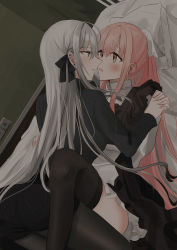 Rule 34 | 2girls, absurdres, bed sheet, black bow, black dress, black legwear, black shirt, black shorts, blush, bow, brown eyes, chihuri, commentary request, dress, dutch angle, ear piercing, earrings, eye contact, girl on top, grey eyes, grey hair, hair between eyes, hair bow, highres, holding hands, indoors, interlocked fingers, jewelry, pantyhose under shorts, long hair, long sleeves, looking at another, lying, multiple girls, on back, on bed, original, pantyhose, parted lips, piercing, pillow, pink hair, profile, ribbon, shirt, short shorts, shorts, sleeveless, sleeveless dress, stud earrings, sweat, thighhighs, very long hair, white ribbon, white shirt, wooden floor, yana (chihuri), yuri, zoya petrovna vecheslova