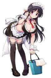 Rule 34 | 1girl, alternate costume, apron, bikini, black footwear, black hair, black skirt, black thighhighs, blush, breasts, bucket, cleavage, collar, commentary, detached collar, enmaided, frilled bikini, frills, front-tie bikini top, front-tie top, full body, garter straps, hand in own hair, holding, lace, lace-trimmed skirt, lace trim, large breasts, loafers, long hair, looking at viewer, maid, maid bikini, maid headdress, miniskirt, necktie, odawara hakone, parted lips, pleated skirt, purple eyes, red necktie, saki, saki (manga), saki achiga-hen, shimizudani ryuuka, shoes, simple background, skirt, solo, standing, swimsuit, thighhighs, towel, unconventional maid, waist apron, white apron, white background, white collar, white skirt, wing collar, wrist cuffs