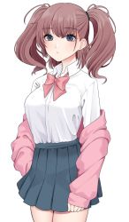 Rule 34 | 1girl, alternate costume, atlanta (kancolle), black eyes, blue skirt, bow, bowtie, breasts, brown hair, highres, jacket, kantai collection, long hair, long sleeves, looking at viewer, medium breasts, off-shoulder jacket, off shoulder, parted lips, pink bow, pink bowtie, pleated skirt, shirt, simple background, skirt, solo, two side up, white background, white shirt, yomogi dango