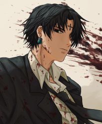 Rule 34 | black eyes, black hair, black necktie, black suit, blood, blood on clothes, blood on face, blood splatter, chrollo lucilfer, cipcal, closed mouth, collared shirt, earrings, empty eyes, expressionless, formal, highres, hunter x hunter, jewelry, male focus, necktie, shirt, simple background, solo, suit, tattoo, white background, white shirt