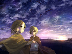 Rule 34 | 1boy, 1girl, bad id, bad pixiv id, bird, blonde hair, brother and sister, cape, cloud, earrings, glowing, hair ornament, hair ribbon, hairclip, holding hands, hetero, jewelry, kagamine len, kagamine rin, necklace, ribbon, siblings, sky, sunset, twins, ume (plumblossom), vocaloid, yellow eyes