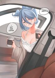 Rule 34 | 1girl, absurdres, aqua eyes, artist name, bare shoulders, blue hair, blue wings, breasts, brown cardigan, brown skirt, camisole, car interior, car seat, cardigan, cleavage, coffee cup, collarbone, cup, dated, disposable cup, door, drink, elira pendora, elira pendora (3rd costume), english text, frilled camisole, frills, glasses, hair between eyes, head wings, heterochromia, high-waist skirt, high ponytail, highres, holding, holding drink, large breasts, leaning forward, long hair, long skirt, long sleeves, looking at viewer, mole, multicolored hair, multicolored wings, nijisanji, nijisanji en, o-ring, o-ring top, off shoulder, official alternate costume, open cardigan, open clothes, open door, open mouth, open window, parkiranhonda, peeking out, purple eyes, round eyewear, seatbelt, shirt tucked in, signature, skirt, solo, spaghetti strap, speech bubble, standing, streaked hair, twitter username, vehicle interior, virtual youtuber, white camisole, window, wings