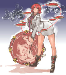 Rule 34 | 1girl, bent over, boots, breasts, drum, drumsticks, floating, floating object, formal, highres, horikawa raiko, instrument, jacket, large breasts, nameo (judgemasterkou), necktie, pencil skirt, plaid, plaid shirt, red eyes, red hair, shirt, short hair, skirt, skirt set, skirt suit, smile, solo, suit, touhou