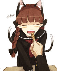 Rule 34 | 1girl, alternate costume, animal ears, bad id, bad pixiv id, black serafuku, blush, bow, braid, cat ears, cat girl, cat tail, contemporary, extra ears, closed eyes, fangs, feeding, female focus, food, hair bow, kaenbyou rin, long hair, multiple tails, open mouth, pointy ears, red hair, school uniform, serafuku, sketch, solo focus, tail, touhou, twin braids, twintails, urin