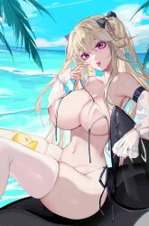 Rule 34 | 1girl, absurdres, anchorage (azur lane), anchorage (dolphins and swim lessons) (azur lane), azur lane, bare shoulders, bikini, breasts, covered erect nipples, hair between eyes, hair ribbon, highres, huge breasts, inflatable orca, inflatable toy, large breasts, light brown hair, long hair, long sleeves, looking at viewer, manjuu (azur lane), ocean, official alternate costume, outdoors, ribbon, see-through, swimsuit, thighhighs, thighs, twintails, very long hair, white bikini, white thighhighs, yaoshan shi