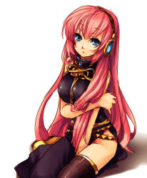 Rule 34 | bare shoulders, blue eyes, breast hold, breasts, inpr, long hair, megurine luka, pink hair, sitting, solo, thighhighs, very long hair, vocaloid