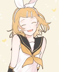 Rule 34 | 1girl, :d, ^ ^, arms at sides, bare shoulders, beige background, black sailor collar, blonde hair, close-up, closed eyes, commentary request, detached sleeves, closed eyes, flat chest, floating hair, hair ornament, hair ribbon, hairclip, happy, heart, heart background, kagamine rin, korean commentary, mana rona, open mouth, polka dot, polka dot background, ribbon, sailor collar, shirt, short hair, simple background, sleeveless, sleeveless shirt, smile, solo, teeth, upper body, vocaloid, white ribbon, white shirt, yellow ribbon