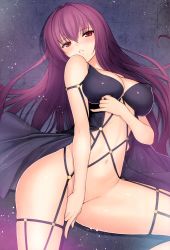 Rule 34 | 1girl, absurdres, bare shoulders, blush, bottomless, breasts, cleavage, covering privates, covering crotch, fate/grand order, fate (series), fingernails, highres, large breasts, long hair, looking at viewer, no panties, parted lips, purple hair, red eyes, scathach (fate), solo, thighs, tony taka