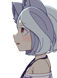Rule 34 | 1girl, absurdres, animal ears, blush, colored eyelashes, dog ears, fang, from side, grey hair, highres, kame (kamepan44231), mitsugashira enoko, open mouth, portrait, red eyes, shirt, short hair, simple background, solo, touhou, upper body, white background