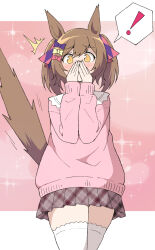 Rule 34 | !, 1girl, alternate costume, animal ears, blush, commentary request, covering own mouth, cowboy shot, highres, horse ears, horse girl, horse tail, long sleeves, looking at viewer, medium hair, nel-c, pink background, pink sweater, plaid, plaid skirt, simple background, skirt, smart falcon (umamusume), solo, spoken exclamation mark, surprised, sweater, tail, tail raised, thighhighs, twintails, umamusume, white thighhighs, yellow eyes