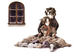 Rule 34 | 1boy, 1girl, between legs, black shirt, blanket, brown eyes, brown gloves, brown hair, cat, closed mouth, coat, commentary request, full body, fur-trimmed coat, fur trim, gloves, grey pants, hair intakes, hug, hug from behind, long sleeves, looking at another, mittens, morino kiriko, no shoes, one eye closed, original, pants, plant, potted plant, purple pants, red scarf, scarf, shirt, short hair, sitting, smile, snow, snowing, socks, thermometer, turtleneck, white background, white cat, white legwear, window