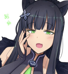 Rule 34 | 1girl, animal ear fluff, animal ears, bare shoulders, black dress, black hair, blue archive, blush, breasts, cleavage, collarbone, covered collarbone, dress, fur trim, green eyes, halo, high ponytail, long hair, looking at viewer, medium breasts, open mouth, ponytail, shun (blue archive), smile, solo, upper body, vivid paint, white background