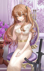 Rule 34 | 1girl, alternate costume, bare arms, bare shoulders, blush, brown dress, brown eyes, brown hair, chair, closed mouth, commentary, commission, dress, english commentary, flower, girls&#039; frontline, h&amp;k ump, h&amp;k ump, hand up, highres, indoors, jewelry, lloule, long hair, looking at viewer, name connection, necklace, object namesake, on chair, one side up, pearl necklace, pixiv commission, purple flower, purple rose, rose, sitting, sleeveless, sleeveless dress, smile, solo, suppressor, ump9 (girls&#039; frontline), very long hair, window