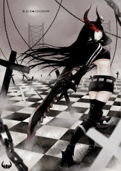 Rule 34 | 10s, 1girl, back, black gold saw, black hair, black rock shooter, boots, chain, checkered floor, cropped jacket, cross, floor, glowing, glowing eye, highres, horns, ikarisu (shikomizue), king saw, long hair, midriff, over shoulder, pale skin, red eyes, skull, spikes, sword, sword over shoulder, thighhighs, weapon, weapon over shoulder