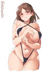 Rule 34 | 1girl, black one-piece swimsuit, blush, breasts, brown eyes, brown hair, chiyoda (kancolle), clenched teeth, covered erect nipples, cowboy shot, criss-cross halter, cropped legs, ebifurya, embarrassed, from below, gluteal fold, groin, halterneck, headband, highres, huge breasts, kantai collection, navel, one-piece swimsuit, short hair, sideboob, simple background, slingshot swimsuit, solo, swimsuit, tears, teeth, thighs, twitter username, underboob, white background
