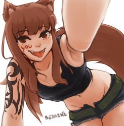 Rule 34 | 1girl, :p, absurdres, animal ears, arm tattoo, armpits, black lagoon, black tank top, breasts, brown hair, commentary, cosplay, english commentary, groin tendon, highres, holo, leaning forward, long hair, navel, parody, red eyes, revy (black lagoon), revy (black lagoon) (cosplay), seraziel, short shorts, shorts, shoulder tattoo, small breasts, solo, spice and wolf, tail, tank top, tattoo, tongue, tongue out, white background, wolf ears, wolf girl, wolf tail