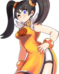 Rule 34 | 1girl, armband, bare shoulders, black hair, blue eyes, breasts, chinese clothes, closed mouth, clothing cutout, collared dress, cowboy shot, digicheeze, dress, hand on own hip, highres, ling xiaoyu, looking at viewer, medium breasts, one eye closed, shadow, side cutout, sleeveless, smile, solo, tekken, thigh cutout, thighs, twintails, white background, yellow dress