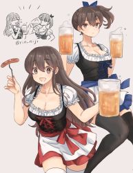 Rule 34 | 2girls, adapted costume, akagi (kancolle), alcohol, beer, beer mug, black legwear, blue skirt, breasts, brown eyes, brown hair, cleavage, closed mouth, collarbone, cup, food, fork, grey background, hair between eyes, holding, holding cup, holding fork, kaga (kancolle), kantai collection, long hair, mug, multiple girls, open mouth, puffy short sleeves, puffy sleeves, red skirt, rin (rin niji), sausage, short sleeves, sidelocks, simple background, skirt, smile, thighhighs, twitter username, white legwear