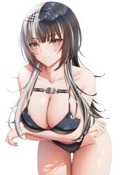 Rule 34 | 1girl, absurdres, alternate costume, bikini, black bikini, black hair, breasts, brown eyes, closed mouth, collarbone, doenji (auto7233), gluteal fold, grey hair, highres, hololive, hololive english, large breasts, long hair, looking at viewer, multicolored hair, shiori novella, simple background, smile, solo, swimsuit, thigh gap, thighhighs, thighs, two-tone hair, virtual youtuber, white background