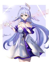 Rule 34 | 1girl, :d, absurdres, candypowd3r, choker, commentary, cowboy shot, detached sleeves, dress, gloves, green eyes, hands up, head wings, highres, honkai: star rail, honkai (series), long hair, looking at viewer, musical note, open mouth, purple choker, purple hair, robin (honkai: star rail), short sleeves, smile, solo, staff (music), standing, strapless, strapless dress, very long hair, white dress, white gloves, wings