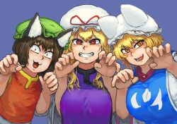 Rule 34 | 3girls, :3, :d, animal ears, animal hat, blonde hair, blue background, blush, breasts, breasts squeezed together, brown hair, cat ears, chanta (ayatakaoisii), chen, chinese clothes, commentary request, fangs, flat chest, fox ears, hat, highres, large breasts, long hair, looking at viewer, mob cap, multiple girls, open mouth, orange eyes, paw pose, red eyes, red hat, shirt, short hair, short sleeves, simple background, slit pupils, smile, tabard, touhou, white hat, white shirt, wide sleeves, yakumo ran, yakumo yukari