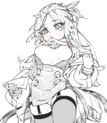Rule 34 | 1girl, arknights, blush, breasts, breasts out, buttons, clothes lift, cowboy shot, garter straps, greyscale, heart, heart-shaped pupils, jacket, lifting own clothes, long sleeves, medium breasts, monochrome, mouth hold, nipples, no panties, off shoulder, open clothes, open jacket, pinecone (arknights), seto tinami, simple background, solo, spot color, strap pull, sweatdrop, sweater, sweater lift, symbol-shaped pupils, thighhighs, white background