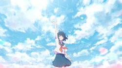 Rule 34 | 1girl, absurdres, album cover, arm up, black hair, blue skirt, closed mouth, cloud, cover, day, highres, looking at viewer, official art, oka kojiro, original, outdoors, outstretched arm, pleated skirt, sailor collar, scenery, school uniform, serafuku, shirt, short hair, skirt, sky, smile, sun, uniform, white shirt
