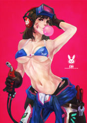 Rule 34 | 1girl, absurdres, bra, breasts, brown hair, blowing bubbles, chewing gum, clothes around waist, d.va (overwatch), facial mark, gloves, highres, hose, large breasts, long hair, looking at viewer, monori rogue, navel, no shirt, overwatch, overwatch 1, screwdriver, solo, stomach, suppressor, toned, underwear, whisker markings, wrench