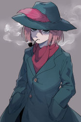 Rule 34 | 1boy, absurdres, brown hair, feathers, green eyes, hands in pockets, hat, highres, jacket, male focus, moomin, osasimiyabai, scarf, short hair, simple background, smoke, smoking, smoking pipe, snufkin, solo