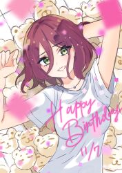 Rule 34 | 1girl, arm behind head, arm up, assault lily, blurry, blurry foreground, breasts, commentary request, confetti, dated, green eyes, grin, hair between eyes, hand in own hair, hand up, happy birthday, hatsukano you, highres, jewelry, kikikaikai (kikikaikai chan), light blush, light particles, long bangs, looking at viewer, lying, medium breasts, medium hair, necklace, on back, parted lips, pendant, red hair, shirt, short sleeves, smile, solo, stuffed animal, stuffed toy, teddy bear, upper body, white background, white shirt
