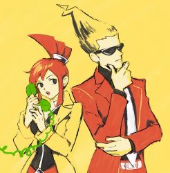 Rule 34 | 1boy, 1girl, black eyes, blonde hair, closed mouth, coat, corded phone, ghost trick, hand on own chin, highres, holding, holding phone, impossible hair, jacket, long sleeves, lynne (ghost trick), necktie, parted lips, phone, red hair, red jacket, renshu usodayo, shirt, sidelocks, simple background, sissel (ghost trick), sunglasses, teeth, upper body, upper teeth only, white necktie, yellow background, yellow coat