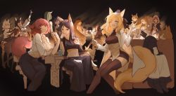 Rule 34 | 2others, 6+girls, :q, ;d, alcohol, alternate costume, amiya (arknights), animal ear fluff, animal ears, arknights, arm up, armchair, black coat, black hair, black headwear, black pants, black shorts, blaze (arknights), blemishine (arknights), blonde hair, blouse, blue eyes, breasts, brown eyes, brown hair, brown legwear, bucket, cat ears, cat girl, ceobe (arknights), ch&#039;en (arknights), chair, champagne, champagne flute, closed mouth, coat, collared shirt, crop top, cropped legs, cup, dobermann (arknights), doctor (arknights), dog ears, dress, drinking, drinking glass, dur-nar (arknights), garrison cap, green hair, hat, highres, holding, holding cup, hood, hooded jacket, horns, horns through hood, horse ears, horse girl, horse tail, hoshiguma (arknights), jacket, jumpsuit, kal&#039;tsit (arknights), kaleka, large breasts, long sleeves, looking at viewer, mask, medium breasts, midriff, mole, mole under eye, multiple girls, multiple others, navel, nearl (arknights), nearl the radiant knight (arknights), one eye closed, open clothes, open coat, open mouth, pallas (arknights), pants, parted lips, pink eyes, pink hair, rabbit ears, red eyes, shirt, short hair, shorts, silver hair, sitting, smile, stomach, swire (arknights), table, tail, thighhighs, tongue, tongue out, underbust, vulcan (arknights), waving, whislash (arknights), white dress, white jumpsuit, white shirt