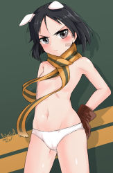 Rule 34 | 10s, 1girl, animal ears, bad id, bad pixiv id, bandaid, black hair, blue eyes, blush, brave witches, breasts, groin, kanno naoe, navel, nimiya (niminimisan), no bra, panties, scarf, small breasts, solo, underwear, underwear only, white panties, world witches series