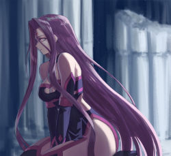 Rule 34 | 1girl, between legs, black dress, breasts, broken pillar, cleavage, cleavage cutout, clothing cutout, column, dress, elbow gloves, facial mark, fate/grand order, fate/stay night, fate (series), forehead mark, gloves, hand between legs, hip vent, large breasts, long hair, medusa (fate), medusa (rider) (fate), medusa (rider) (third ascension) (fate), papipana, pillar, purple eyes, purple hair, short dress, sidelocks, sitting, solo, square pupils, thighhighs, very long hair