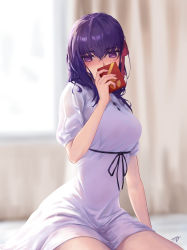 Rule 34 | 1girl, absurdres, bedroom, black ribbon, blurry, blurry background, blush, box, dress, fate/stay night, fate (series), fmeng, gift, gift box, hair between eyes, hair ribbon, highres, holding, holding box, indoors, long hair, looking at viewer, matou sakura, official alternate costume, purple eyes, purple hair, red ribbon, rei no himo, ribbon, short dress, short sleeves, signature, sitting, solo, valentine, white dress