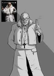 Rule 34 | 1boy, aged up, arm behind back, chain, coat, cross, cross earrings, cross necklace, earrings, evil grin, evil smile, finger gun, glasses, grey background, grin, gun, half-closed eyes, highres, holding, holding gun, holding weapon, jewelry, looking at viewer, male focus, meme, necklace, pope, pope francis, reference inset, shini, skull, smile, solo, spot color, standing, walking, weapon, white coat