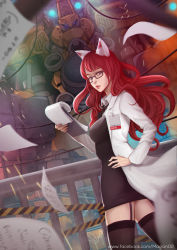 Rule 34 | 00s, 1girl, animal ears, artist name, black dress, black thighhighs, blue eyes, breasts, dress, dungeon and fighter, facebook username, female gunner (dungeon and fighter), female mechanic (dungeon and fighter), garter straps, glasses, hand on own hip, lab coat, long hair, looking at viewer, magion02, mecha, medium breasts, name tag, necktie, notepad, red hair, robot, short dress, signature, solo, solo focus, sparks, thighhighs, watermark, web address