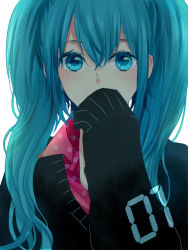 Rule 34 | 1girl, aqua eyes, aqua hair, asaya, bad id, bad pixiv id, covering face, covering own mouth, covering privates, hatsune miku, looking at viewer, solo, sweater, twintails, vocaloid
