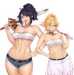 Rule 34 | 2girls, abs, absurdres, belt, belt buckle, black hair, blonde hair, blue eyes, blue hair, breasts, buckle, chest sarashi, choker, clarent (fate), commentary, commission, cowboy shot, deccatezu, denim, denim shorts, english commentary, fate/apocrypha, fate (series), glass, green eyes, hand on own hip, highres, holding, holding sword, holding weapon, jewelry, kson, looking at viewer, mole, mole under eye, mordred (fate), mordred (fate/apocrypha), multiple girls, muscular, muscular female, navel, necklace, one eye closed, piercing, ponytail, sarashi, short shorts, shorts, small breasts, smile, souchou, strapless, sword, teeth, tongue, tongue out, tongue piercing, tube top, virtual youtuber, vshojo, weapon, white background