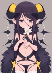 Rule 34 | 1girl, black panties, blush, brown eyes, brown hair, commentary request, covered mouth, curled horns, demon horns, eyebrows hidden by hair, flower, flower over mouth, fur collar, gamuo, gluteal fold, grey background, groin, hair between eyes, highres, holding, holding flower, horns, long hair, looking at viewer, navel, original, panties, pointy ears, revealing clothes, sidelocks, solo, thighhighs, underwear, very long hair, white flower, white thighhighs