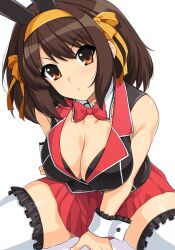 Rule 34 | 1girl, animal ears, black jacket, bob cut, bow, bowtie, breasts, brown eyes, brown hair, bunny garden, cleavage, closed mouth, collarbone, fake animal ears, female focus, frilled thighhighs, frills, hair ribbon, hairband, haruhisky, highres, jacket, large breasts, looking at viewer, medium hair, nontraditional playboy bunny, rabbit ears, red bow, red bowtie, red skirt, ribbon, simple background, sitting, skirt, sleeveless, sleeveless jacket, solo, suzumiya haruhi, suzumiya haruhi no yuuutsu, thighhighs, white background, white thighhighs, white wrist cuffs, wrist cuffs, yellow ribbon